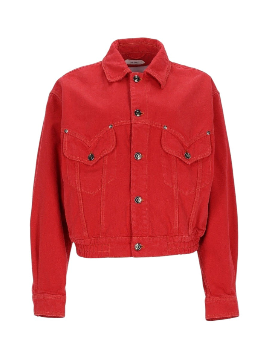 Versace oversized denim blouson in red featuring button-front closure, pointed collar, chest pockets and cropped fit.