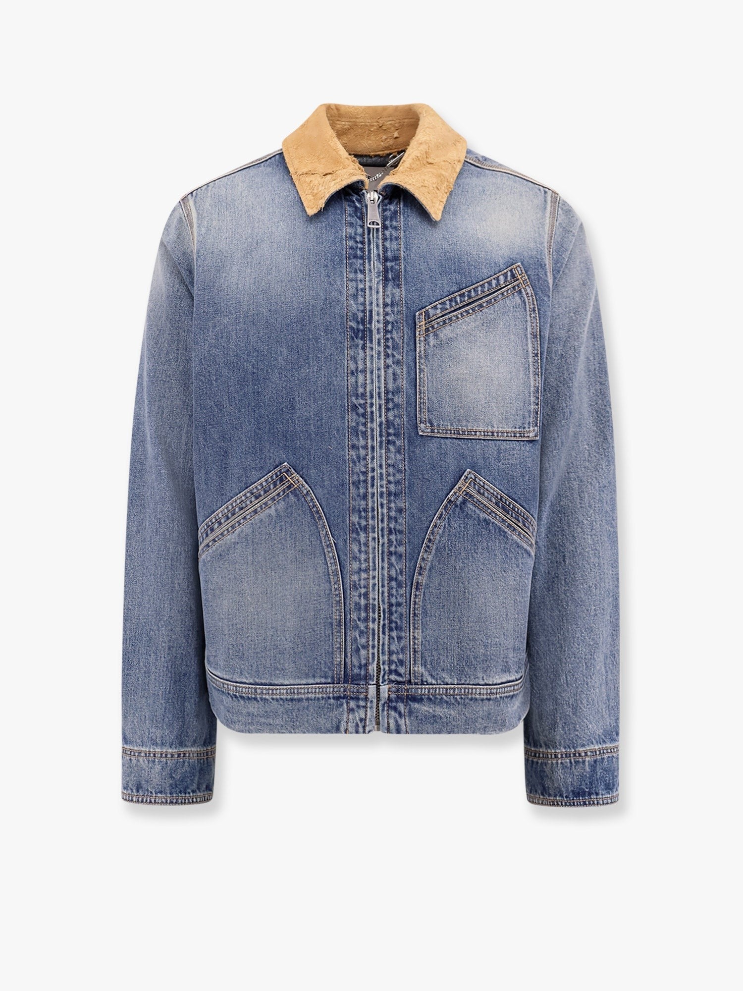 Washed blue ddenim jacket with suede collar