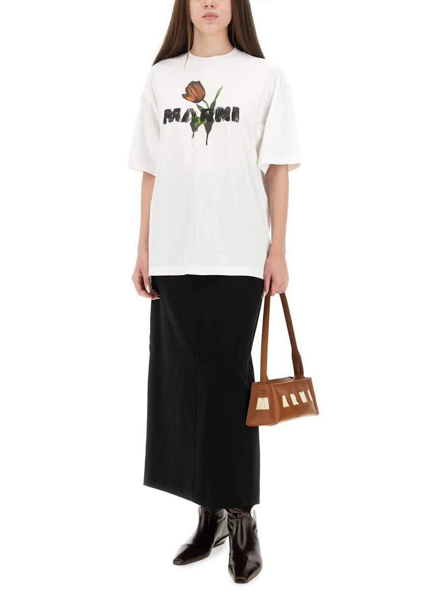 WHITE COTTON T-SHIRT WITH TULIP PRINT