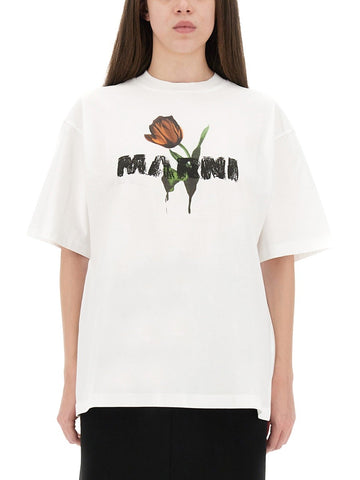 Marni - WHITE COTTON T-SHIRT WITH TULIP PRINT white-cotton-t-shirt-with-tulip-print_611a8ca8-98ff-45bf-92f1-72c353395433