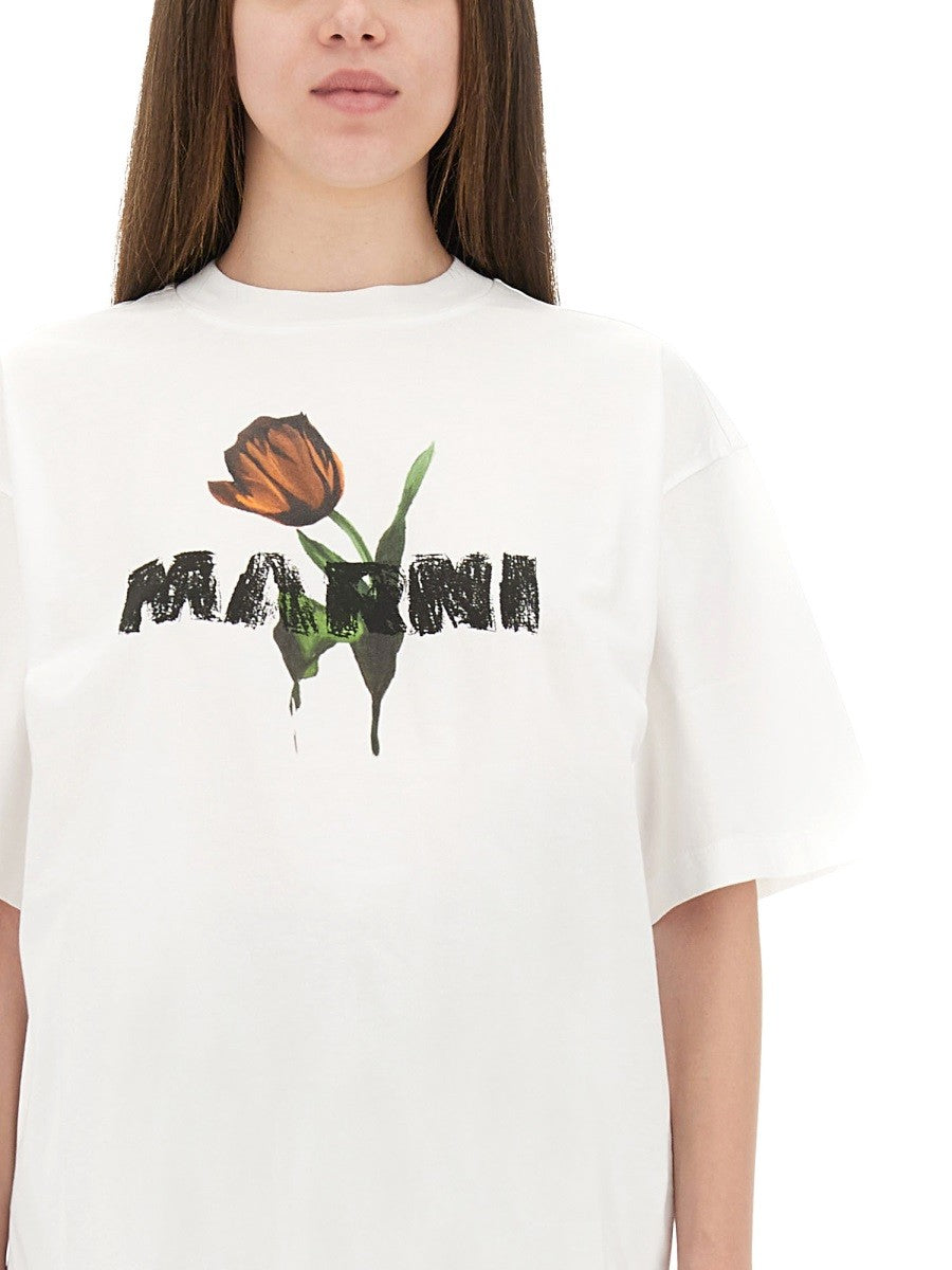 WHITE COTTON T-SHIRT WITH TULIP PRINT