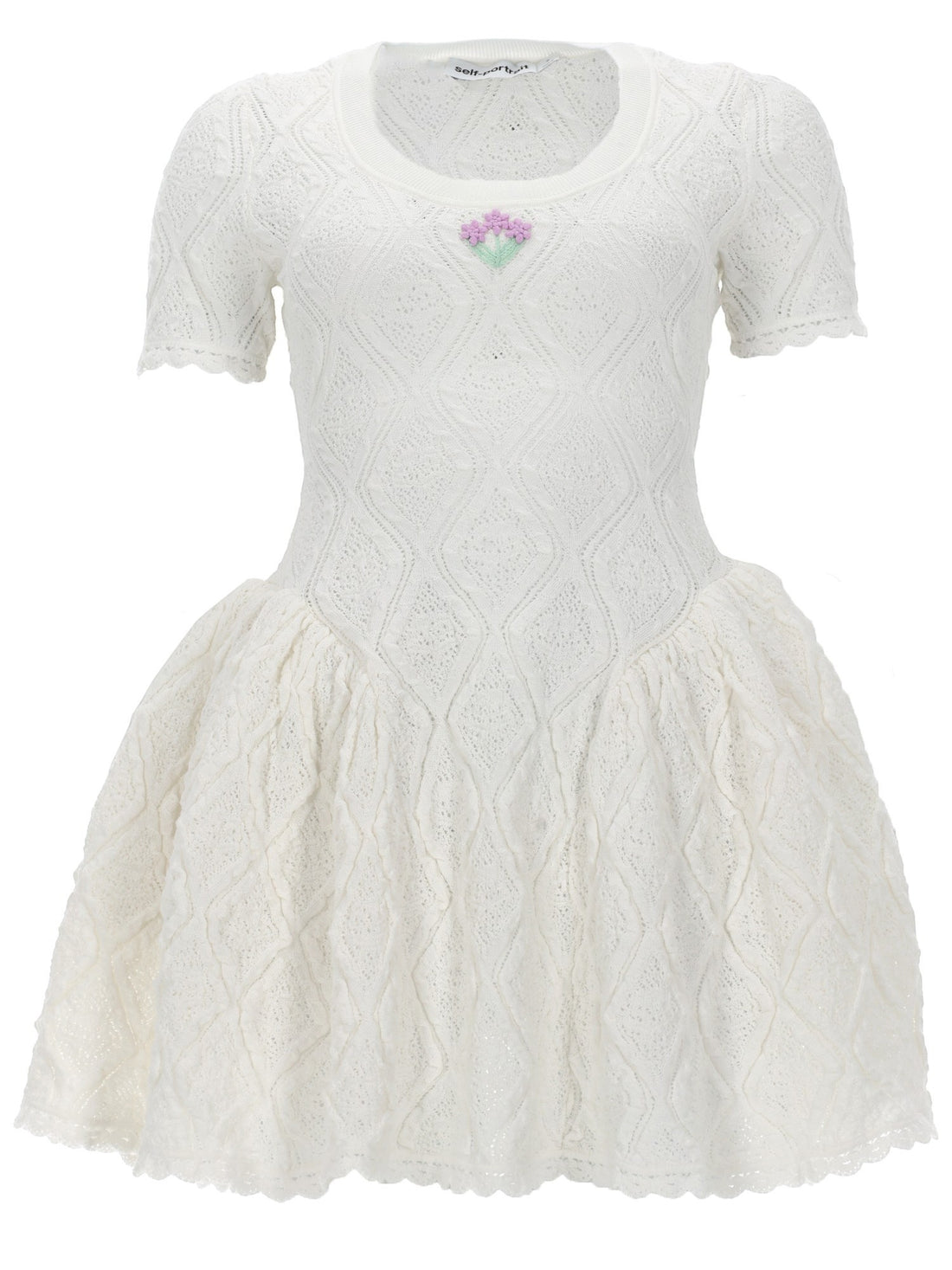 SELF-PORTRAIT - White Pointelle Knit Flared Mini Dress white-knit-dress-self-portrait-white-pointelle-knit-flared-mini-dress