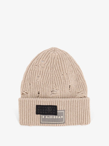 Wool blend beanie hat with distressed effect