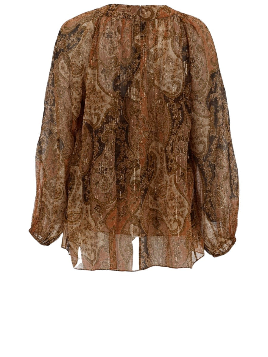 Back view of the ZIMMERMANN Carousel bat sleeve top in sheer brown paisley fabric featuring bat sleeves, gathered yoke and lightweight draped design.