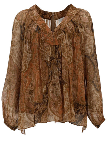 Front view of the ZIMMERMANN Carousel bat sleeve top in sheer brown paisley fabric with metallic thread detailing, tie neckline and flowing silhouette.