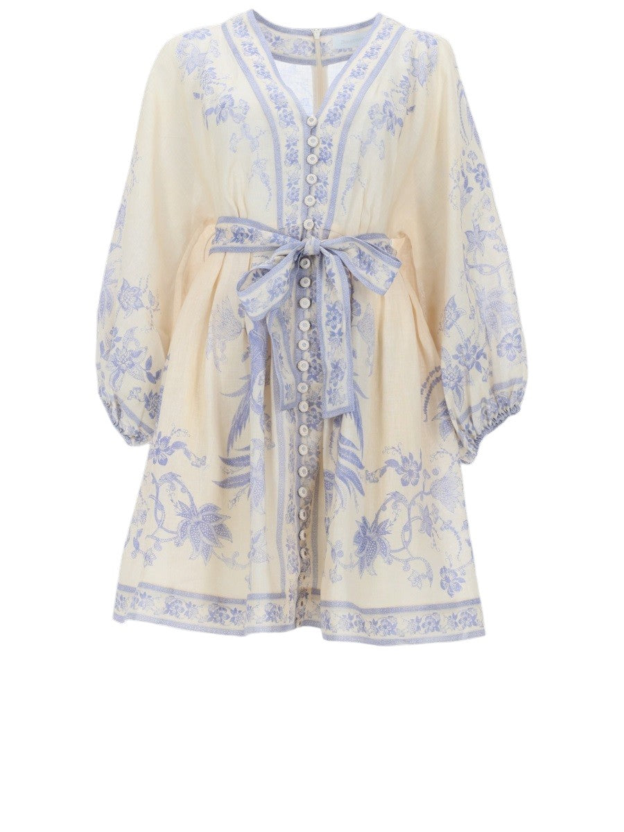 ZIMMERMANN - Indra Plunge Printed Mini Dress - Cream and Blue zimmermann-indra-plunge-printed-mini-dress-cream-blue-front-jpg