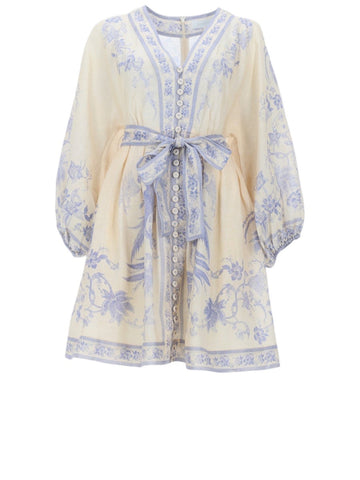 ZIMMERMANN - Indra Plunge Printed Mini Dress - Cream and Blue zimmermann-indra-plunge-printed-mini-dress-cream-blue-front-jpg