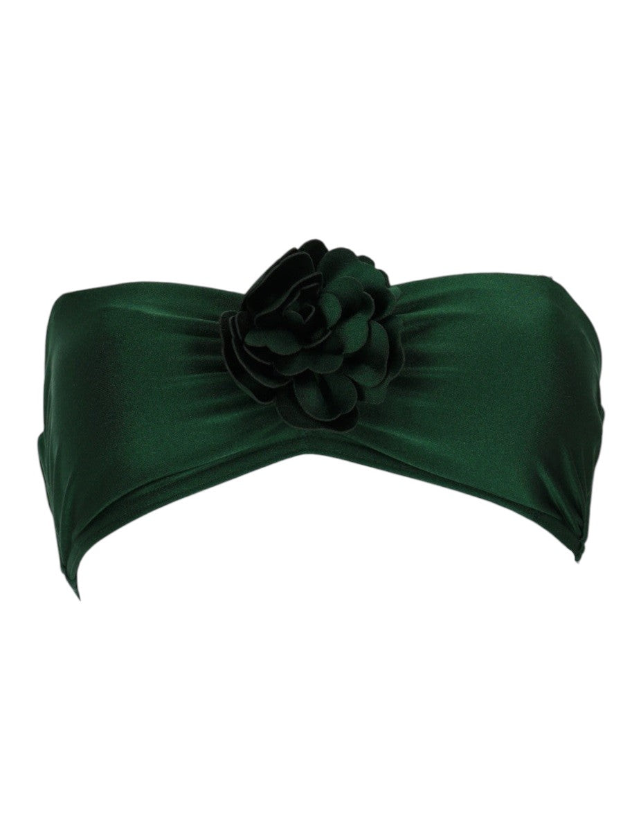 Front view of ZIMMERMANN Waverly Flower bandeau bikini top in green with floral appliqué detail
